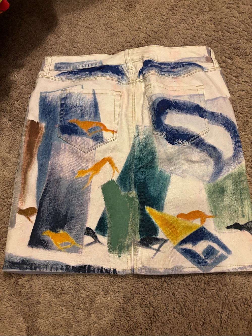 Anthropologie White Mini Skirt with Blue, Green and Yellow Painterly Print